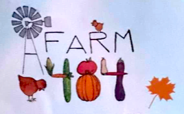 The Farm 484 sign: a windmill, a chicken and the numbers 484 spelled out in corn, carrots, a tomato and squash